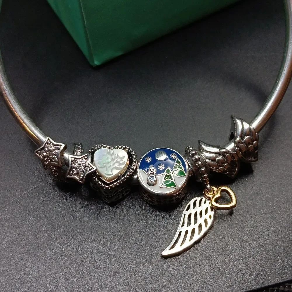 NEW S925 Bangle Bracelet With 5 S925 Charms As A Gift Or Yourself.